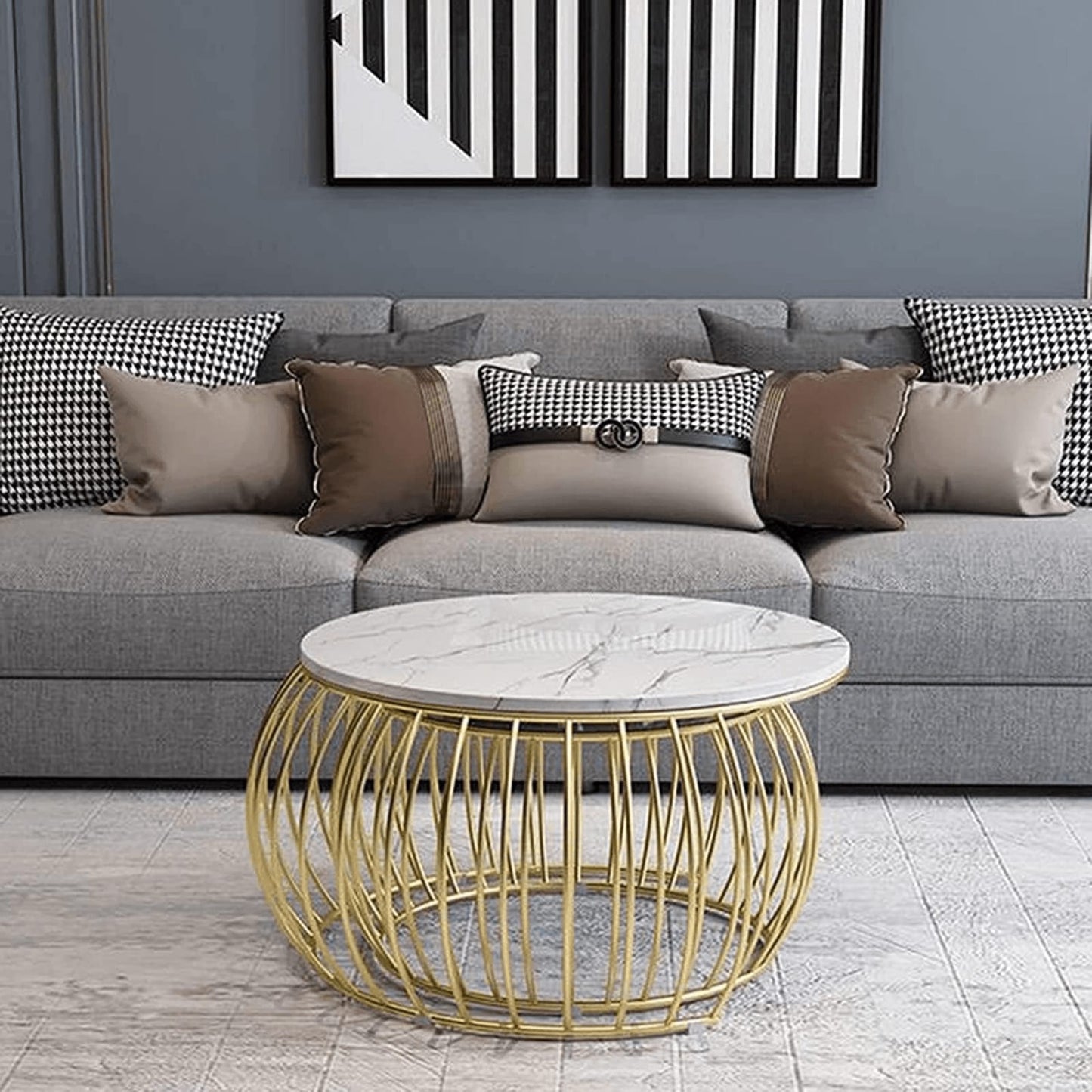 Luxury Round Coffee Table Set with Gold Finish Frame (Set of 2)