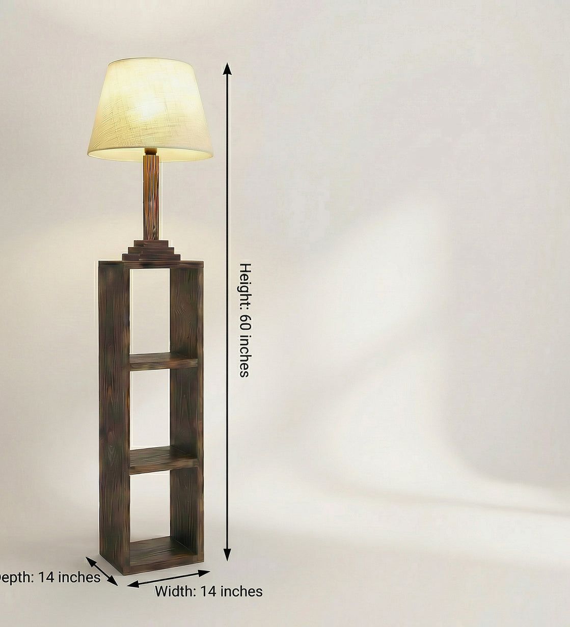 Modern Wooden Shelf Floor Lamp with Fabric Shade | Decorative Standing Lamp with Storage Shelves for Living Room & Bedroom | 60 Inch Tall