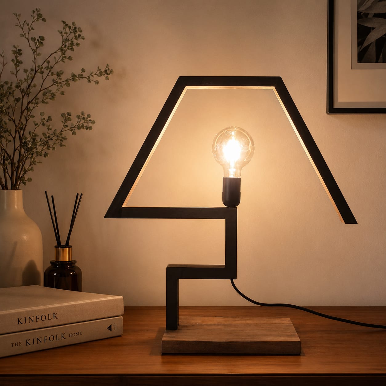 Modern Geometric Wooden Table Lamp with Warm LED Light | Decorative Bedside & Study Lamp
