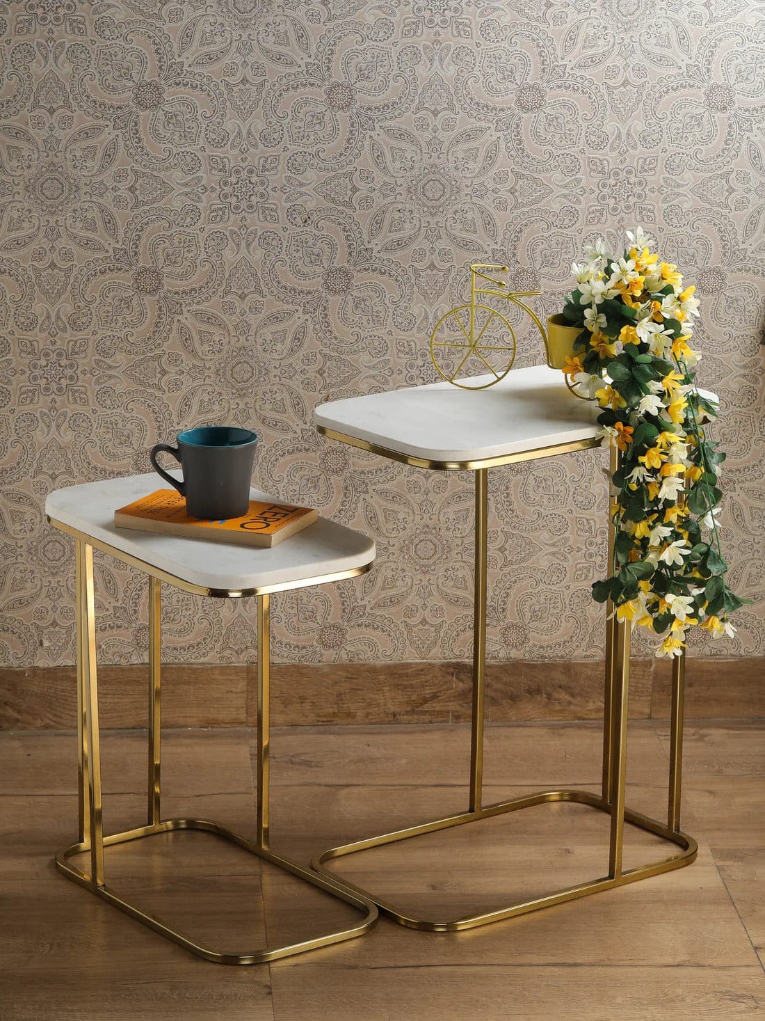 Modern Wooden Top Nesting Tables – Set of 2 (Gold Frame)