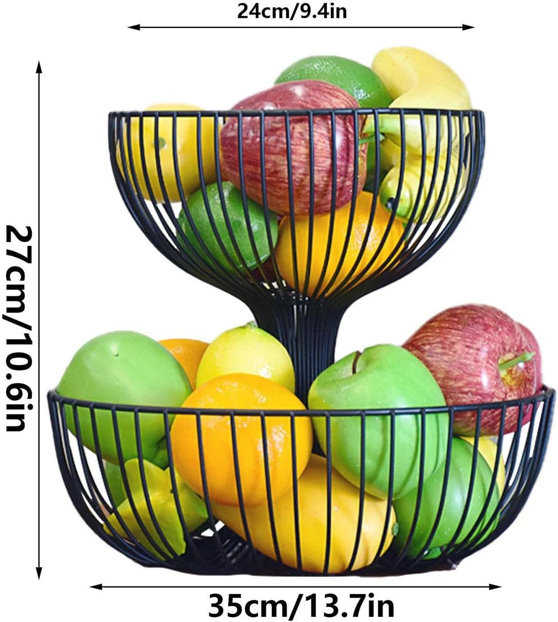2-Tier Black Metal Fruit Basket Stand – Modern Kitchen Counter Organizer