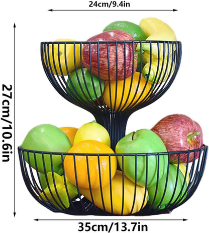 2-Tier Black Metal Fruit Basket Stand – Modern Kitchen Counter Organizer