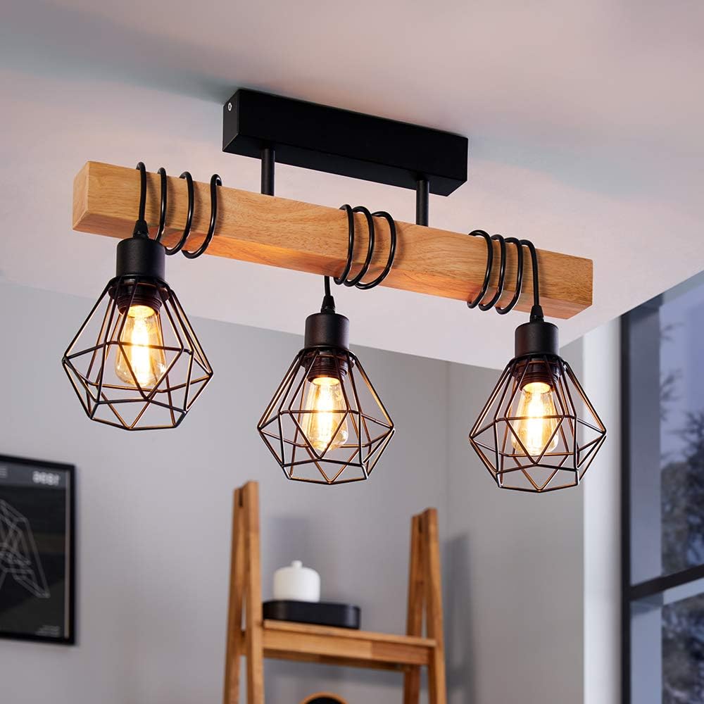 Rustic Wooden 3-Light Ceiling Lamp – Industrial Pendant Light with Metal Cage Shades