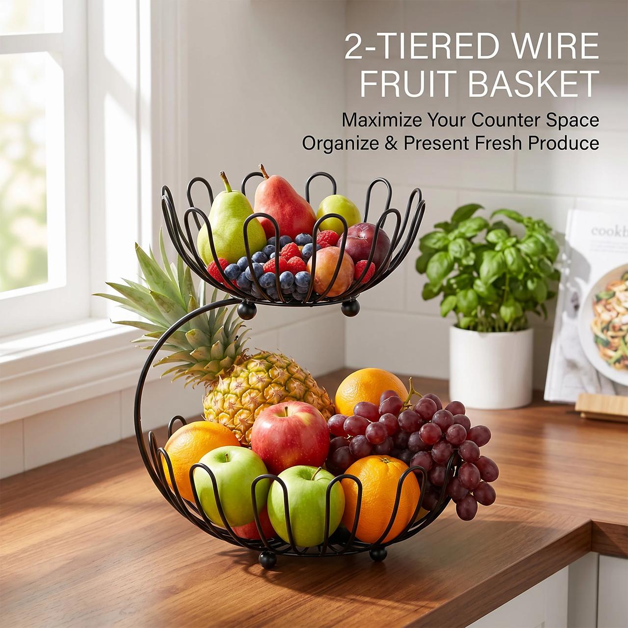2-Tier Black Metal Fruit Basket Stand – Kitchen Counter Organizer