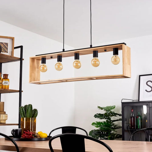 Modern Wooden 5-Light Pendant Lamp – Rustic Industrial Hanging Ceiling Light