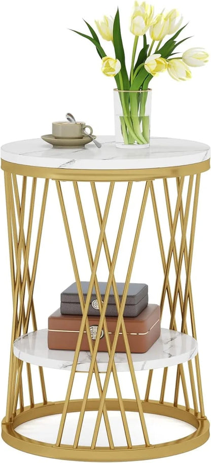 Modern Round Side Table with Marble Top & Gold Metal Frame