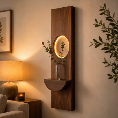 Modern Wooden LED Wall Shelf with Glass Vase Holder – Decorative Floating Wall Accent (Single Piece)
