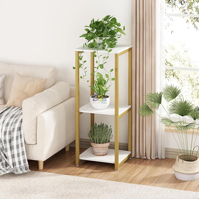 Modern 3-Tier Gold & White Plant Stand | Compact Metal Flower Pot Rack | Multi-Level Indoor Plant Display Shelf