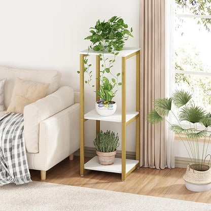 Modern 3-Tier Gold & White Plant Stand | Compact Metal Flower Pot Rack | Multi-Level Indoor Plant Display Shelf