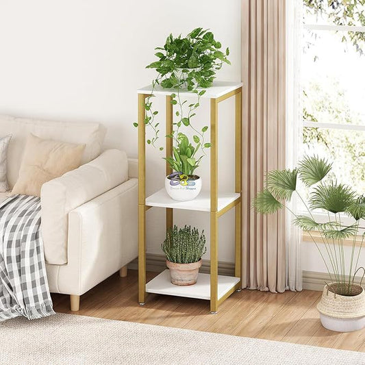 Modern 3-Tier Gold & White Plant Stand | Compact Metal Flower Pot Rack | Multi-Level Indoor Plant Display Shelf
