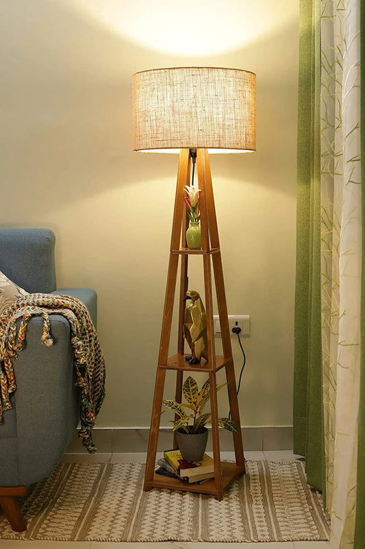 Modern Wooden Floor Lamp with Storage Shelves