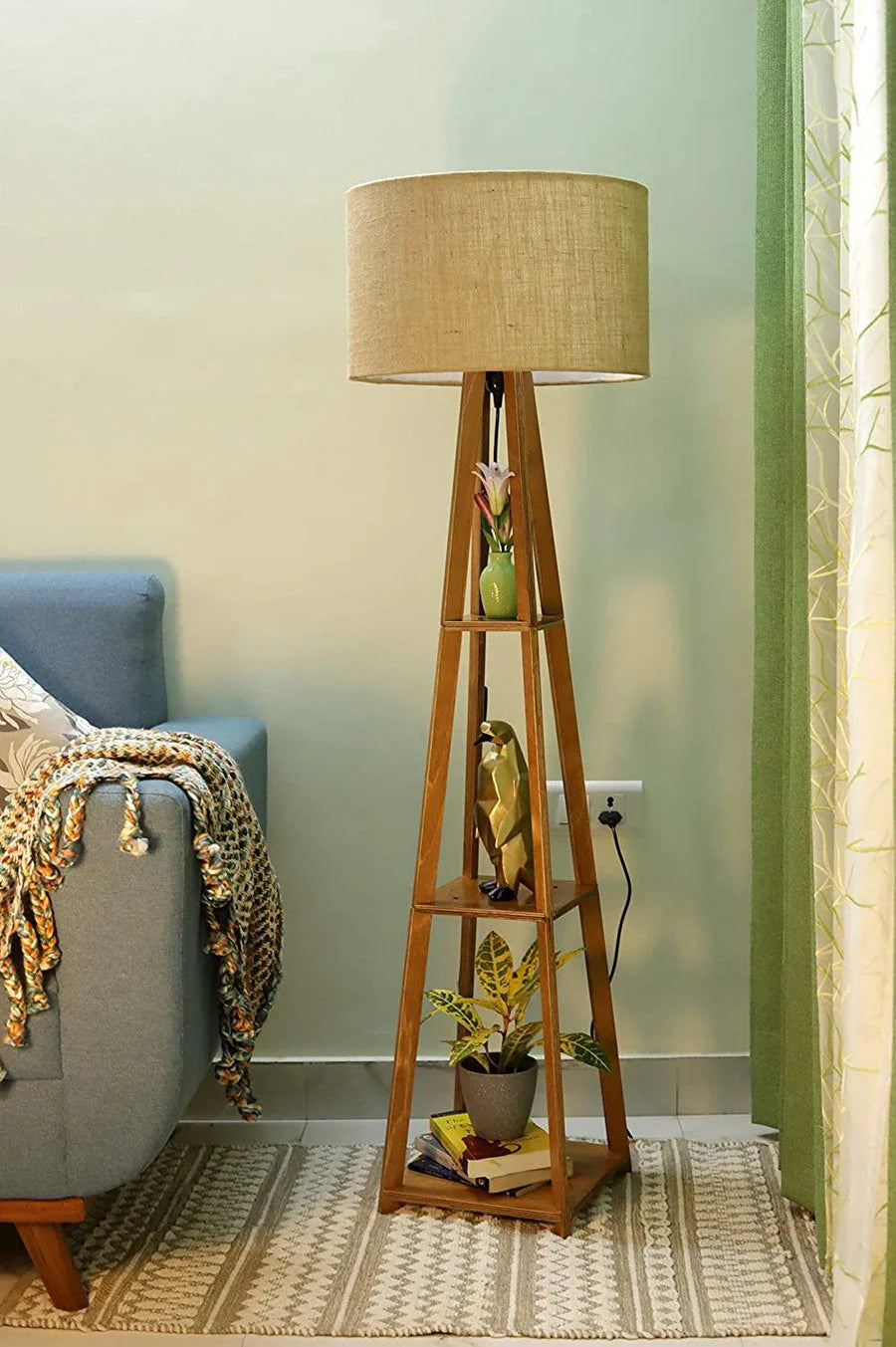 Modern Wooden Floor Lamp with Storage Shelves