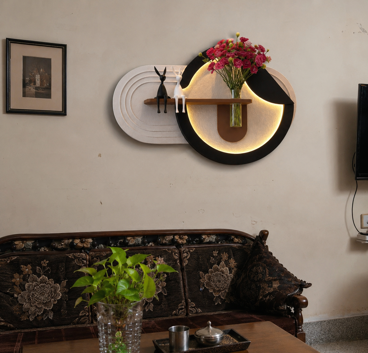 Modern Round LED Wall Shelf with Flower Vase & Decorative Art Panel