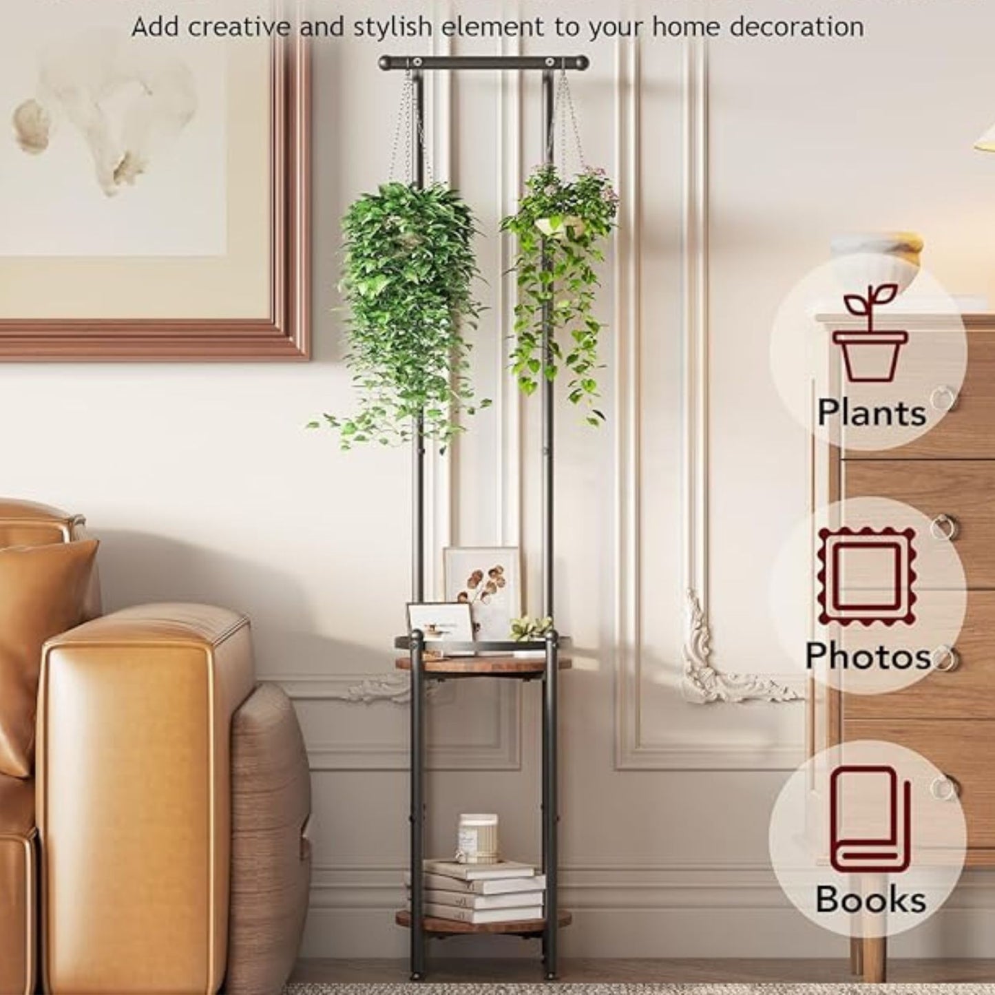 Modern Plant Stand with Hanging Rod – Multi-Tier Indoor Planter Rack (Metal & Wood)