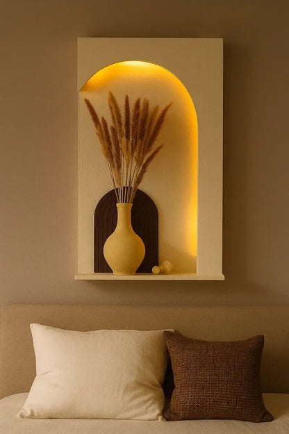 Modern LED Arch Wall Shelf with Vase Décor – Minimalist Floating Wall Accent Shelf