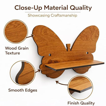 Butterfly-Shaped Wooden Wall Shelf | Decorative Floating Wall Shelf | Rustic Home Décor Display Rack