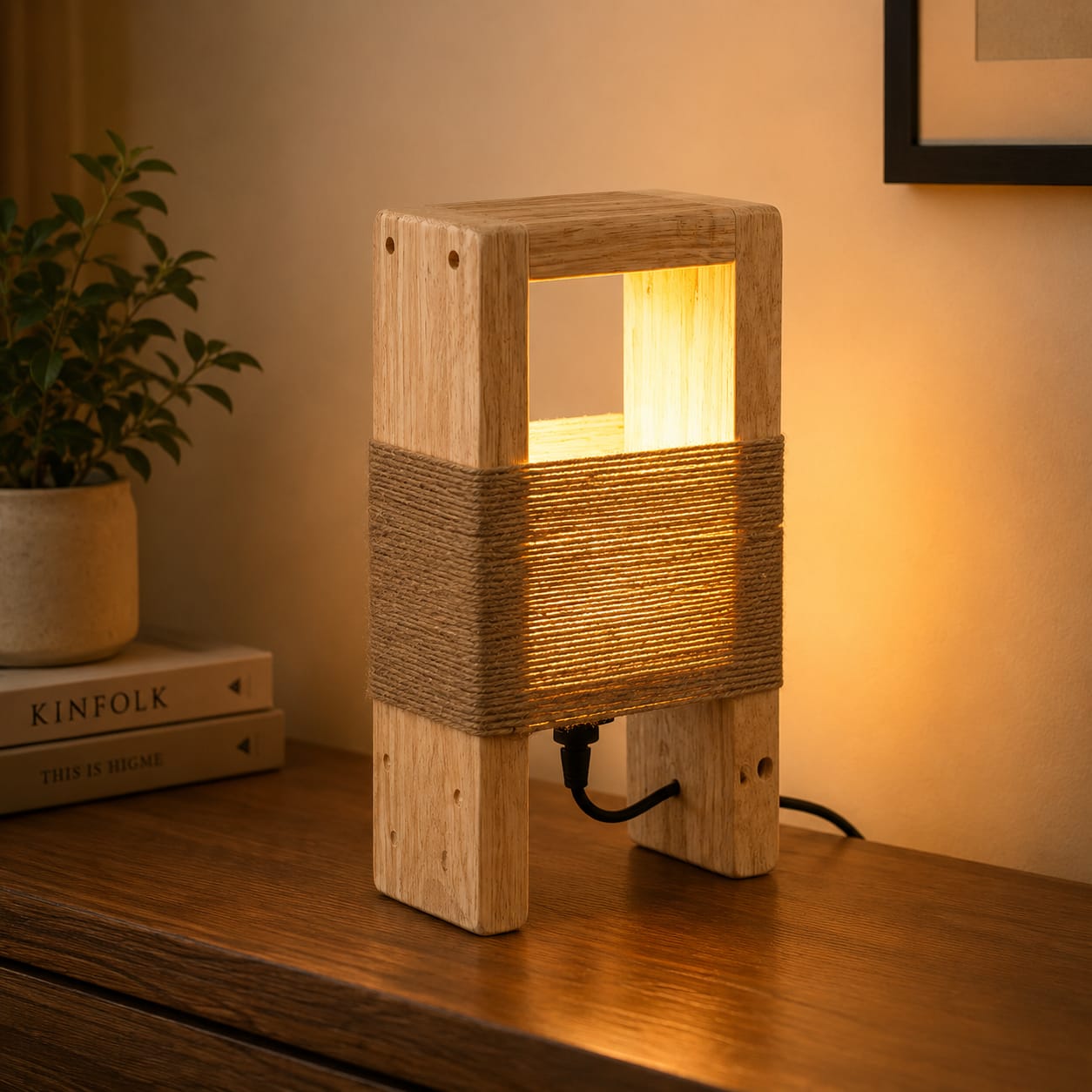 Rustic Wooden Table Lamp with Rope Design – Handmade Decorative Bedside Light