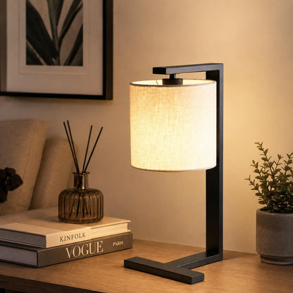 Modern Black Metal Table Lamp with Fabric Shade – Minimalist Bedside & Living Room Lamp