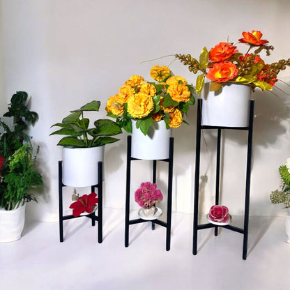 Luxury Gold Metal Planter Stand Set of 3 | Modern Flower Pot Holders with Bottom Shelf | Elegant Indoor Plant Display Stands