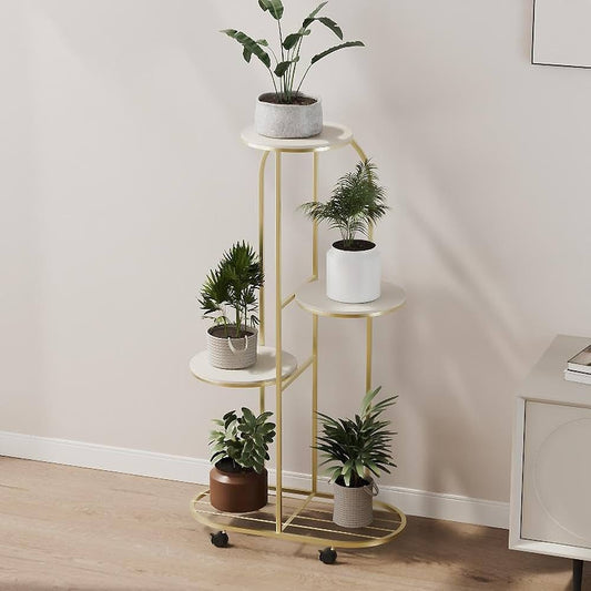 Luxury 5-Tier Gold Metal Plant Stand with Wheels | Modern Multi-Level Flower Pot Rack | Indoor Decorative Plant Display Shelf