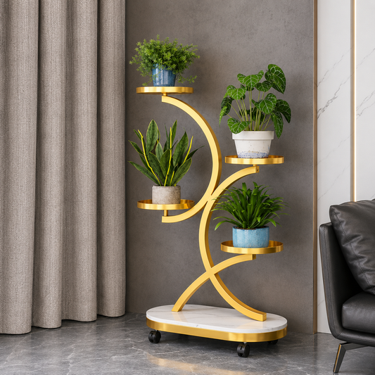 “Modern Luxury Golden 4-Tier Plant Stand with Wheels for Living Room Decor”