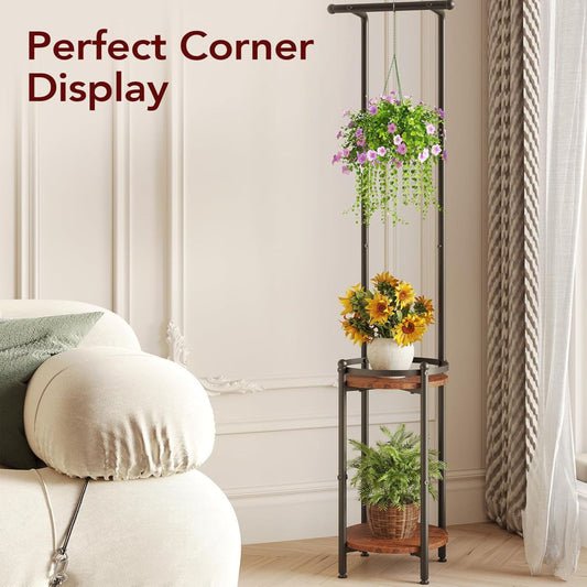 Modern Plant Stand with Hanging Rod – Multi-Tier Indoor Planter Rack (Metal & Wood)
