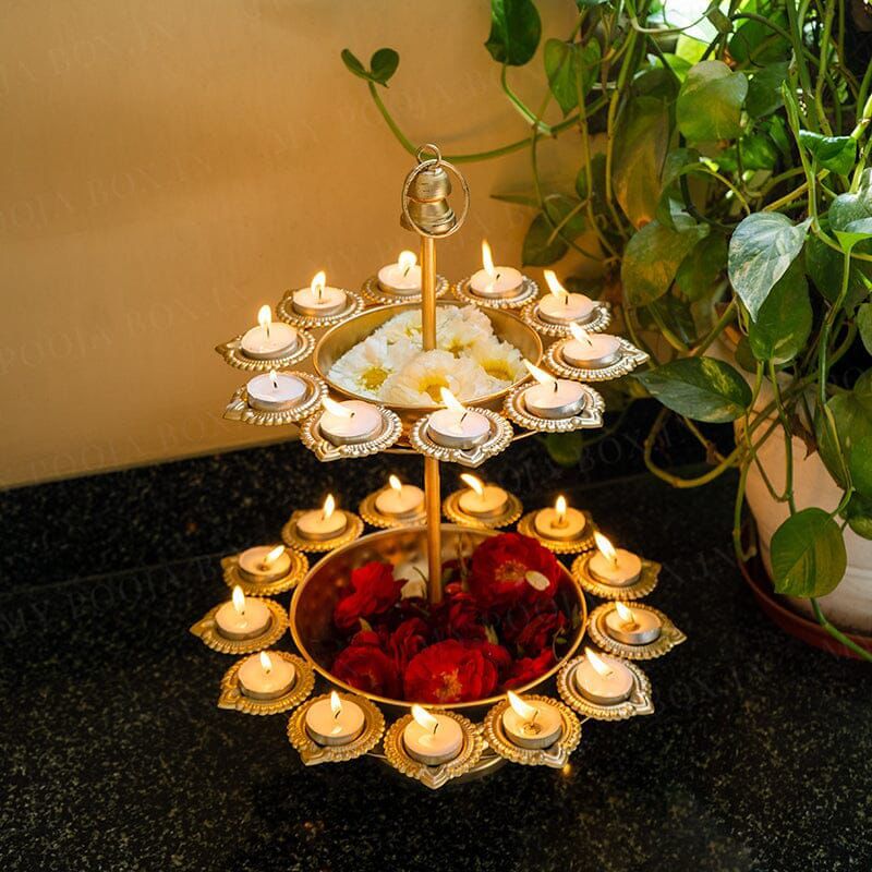 2-Tier Decorative Metal Urli with Diya Holders | Luxury Festive Candle Stand for Home Décor