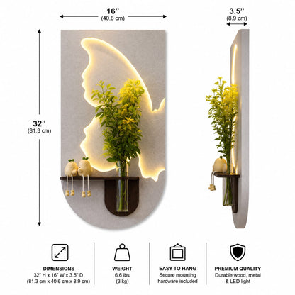 Butterfly LED Wall Art Shelf with Glass Vase Holder | Modern Illuminated Decorative Wall Panel | Luxury Floating Shelf Décor