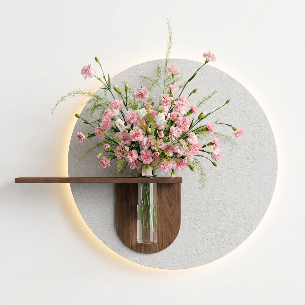 Premium Wooden LED Wall Decor with Glass Vase & Floral Arrangement