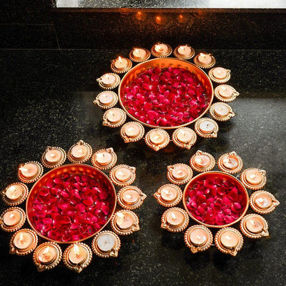 Decorative Metal Urli Bowl Set with Diya Holders | Festive Floating Candle Bowl for Home Décor