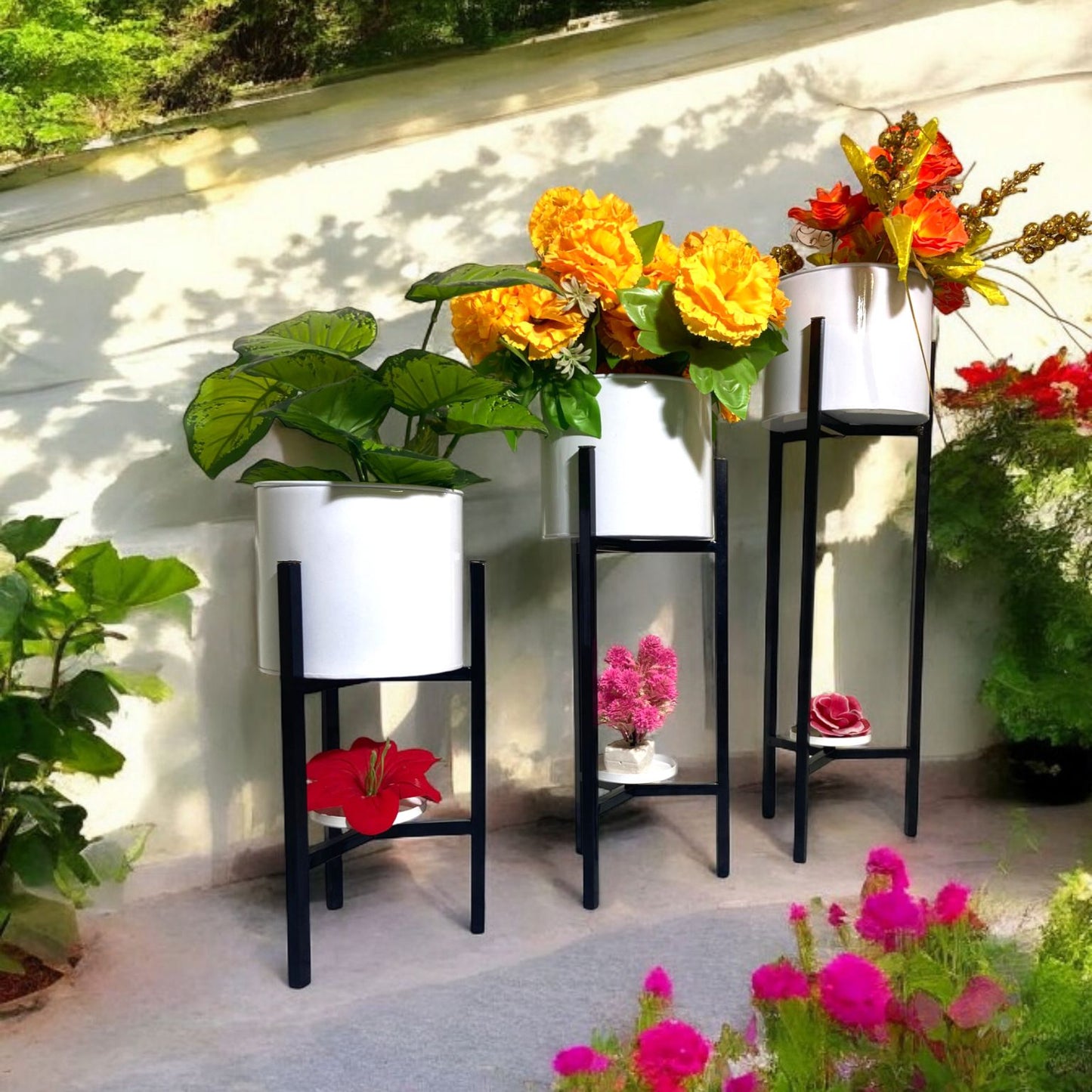 Luxury Gold Metal Planter Stand Set of 3 | Modern Flower Pot Holders with Bottom Shelf | Elegant Indoor Plant Display Stands