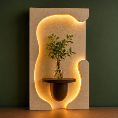 Modern LED Wall Shelf with Vase Holder – Decorative MDF Wooden Wall Art for Living Room