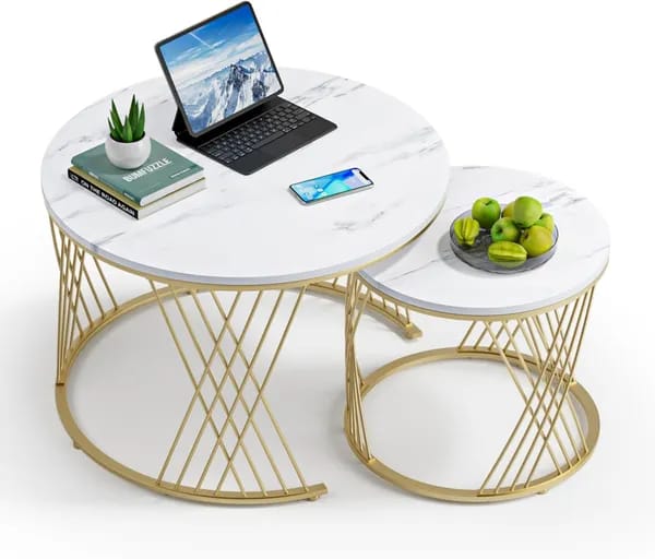 Modern Wooden Top Round Coffee Table Set with Gold Metal Frame (Set of 2)