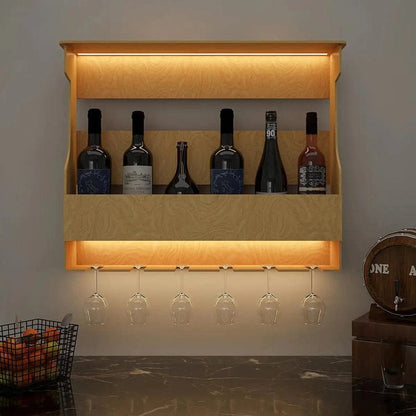 Wooden Wall-Mounted Wine Rack with Glass Holder – Modern Bar Shelf