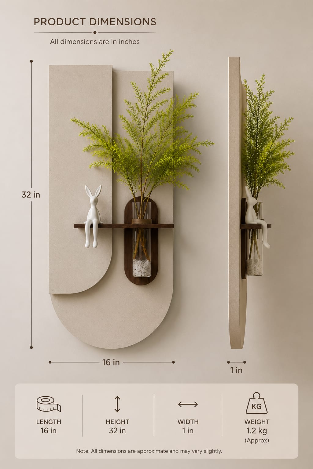 Luxury Minimalist Wall Planter Vase with Wooden Shelf & Bunny Decor