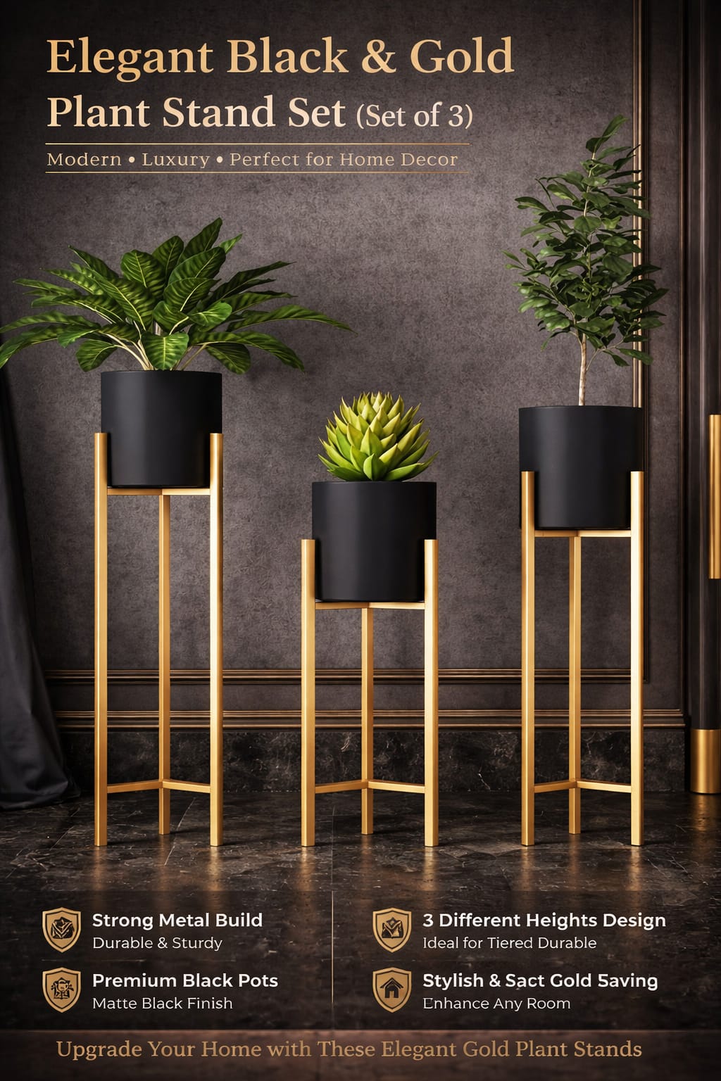 Modern Metal Floor Plant Stand with Planter Pots – Set of 3, Elegant black pot  Flower Stands for Home Decor