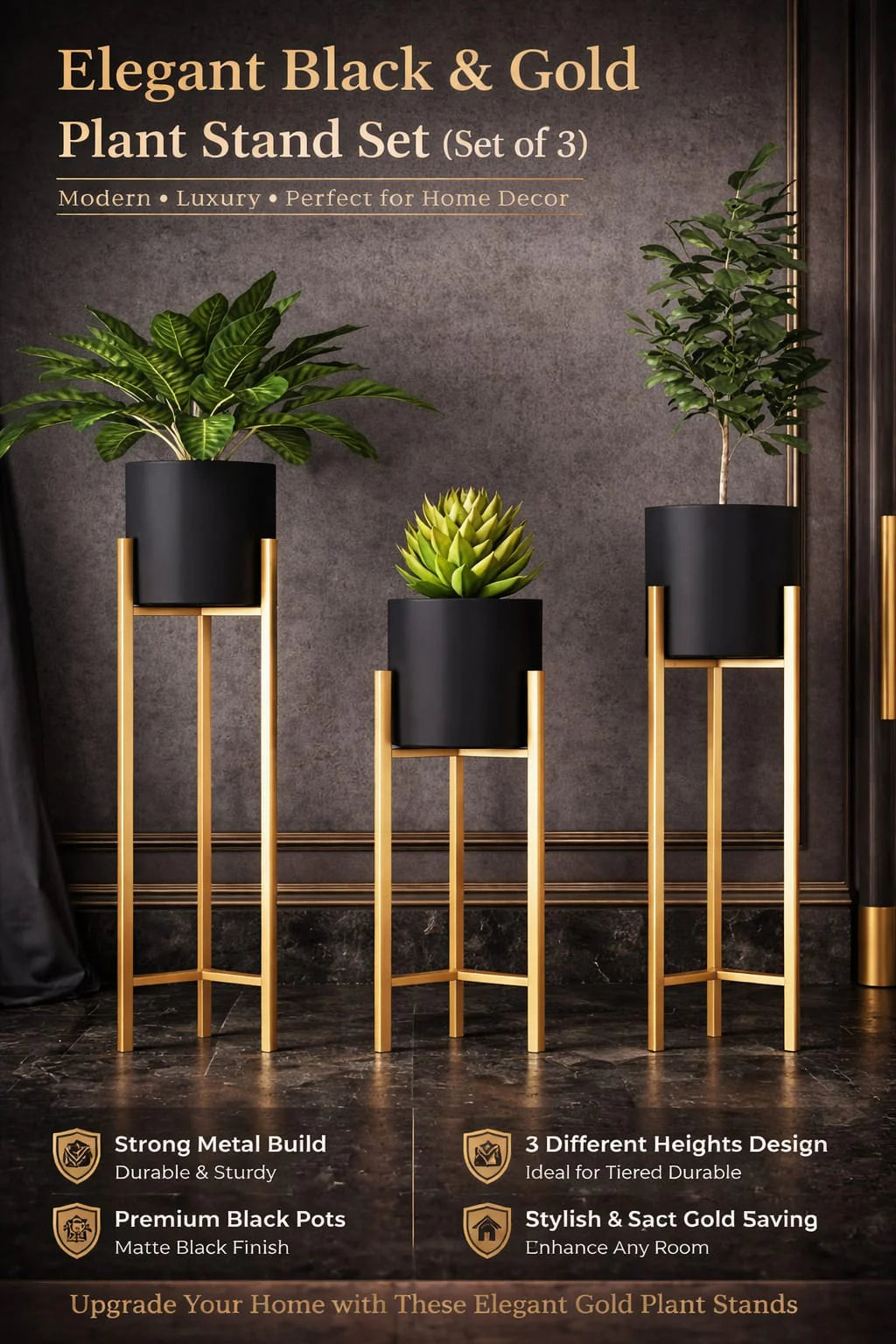 Set of 3, Elegant black pot Flower Stands for Home Decor