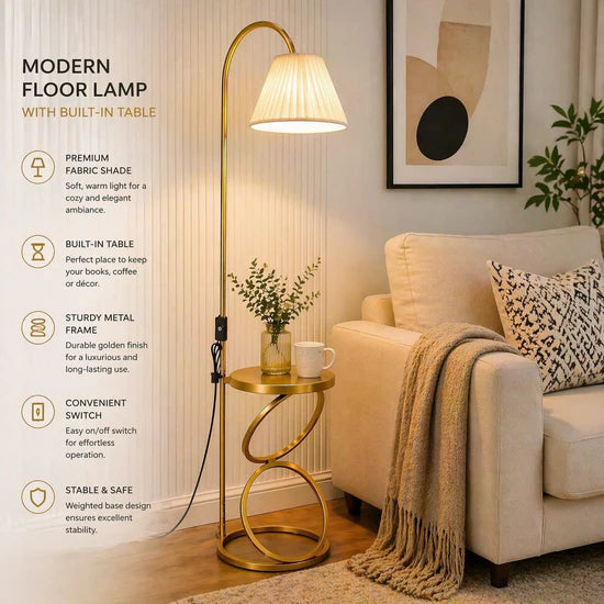 Luxury Gold Floor Lamp with Side Table – Modern Bedside Standing Lamp