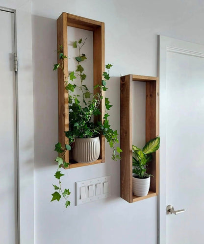 Modern Wooden Wall Plant Shelf Set – Vertical Box Frame Planter Display (Set of 2)