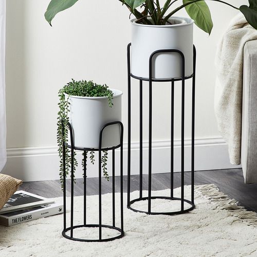 Modern Metal Planter Stand Set of 2 | Black Iron Indoor Plant Holders | Minimalist Flower Pot Display Stands