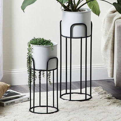 Modern Metal Planter Stand Set of 2 | Black Iron Indoor Plant Holders | Minimalist Flower Pot Display Stands