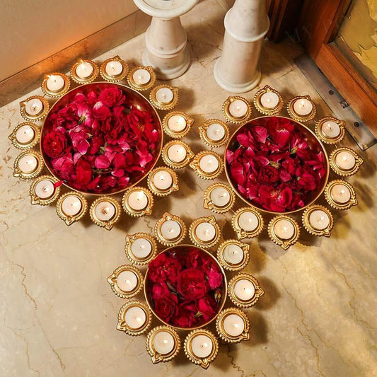 Decorative Metal Urli Bowl Set with Diya Holders | Festive Floating Candle Bowl for Home Décor