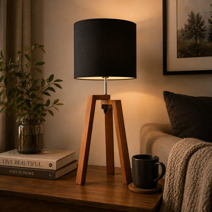 Modern Wooden Tripod Table Lamp with Black Fabric Shade – Minimalist Bedside & Living Room Lamp