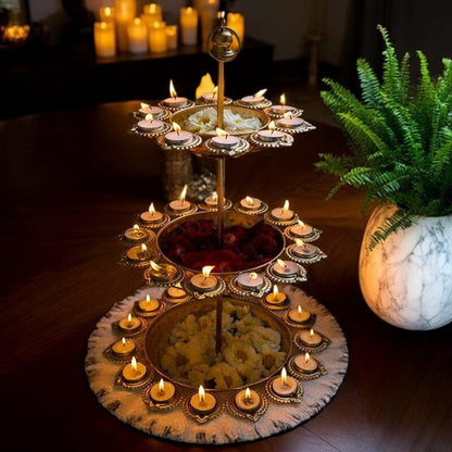 3-Tier Decorative Metal Urli Stand with Diya Holders | Luxury Festive Candle Bowl for Home Décor