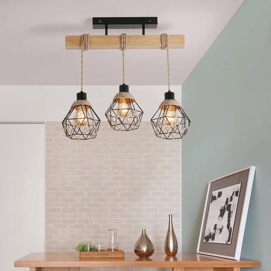 Rustic 3-Light Pendant Lamp with Rope Design – Industrial Hanging Ceiling Light