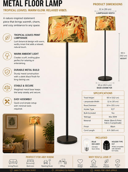 Modern Black Metal Pole Floor Lamp for Living Room, Tall Standing Lamp with Fabric Shade, Warm Ambient Lighting, Minimalist Lamp for Bedroom, Office, Reading Corner (Palm Leaf)