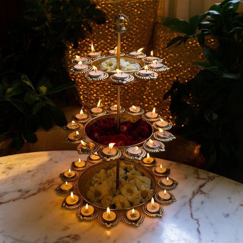 3-Tier Decorative Metal Urli Stand with Diya Holders | Luxury Festive Candle Bowl for Home Décor