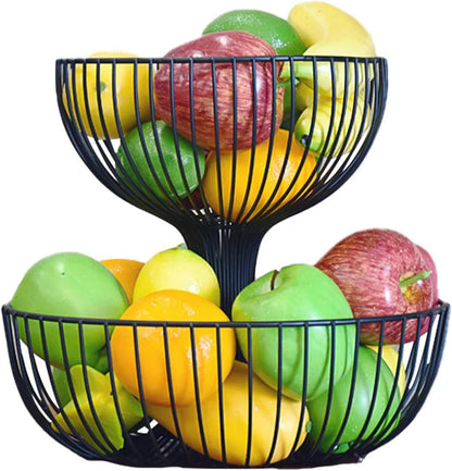 2-Tier Black Metal Fruit Basket Stand – Modern Kitchen Counter Organizer