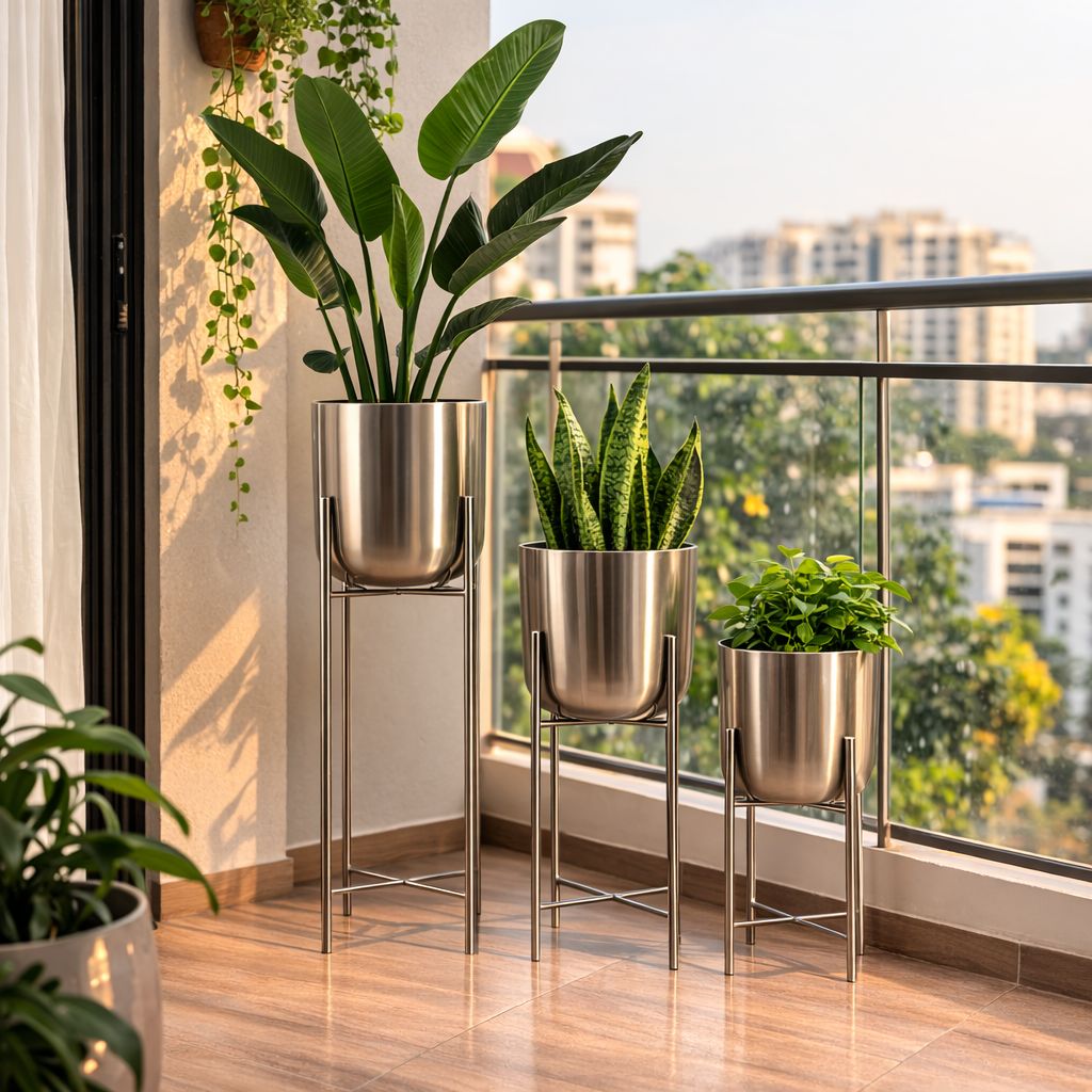 Premium Stainless Steel Planter Stand Set of 3 | Modern Metal Flower Pots with Stands | Luxury Indoor Plant Holders