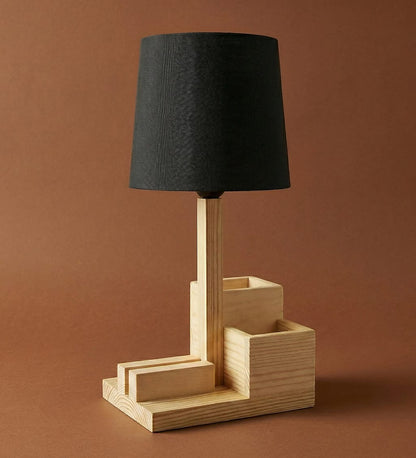 Modern Wooden Table Lamp with Organizer | Bedside Study Lamp with Pen Holder